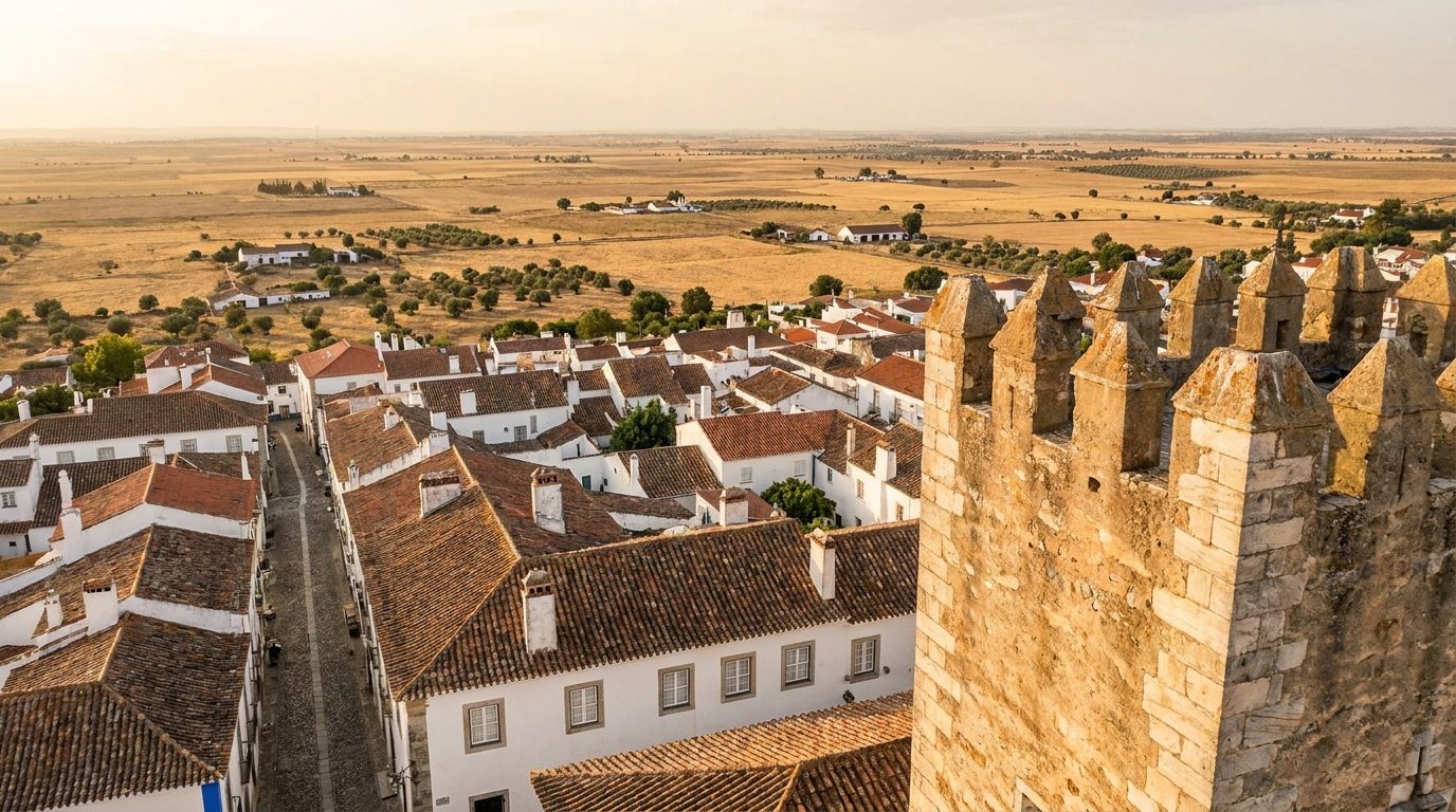 View over whitewashed rooftops and the Alentejo plains from the castle tower