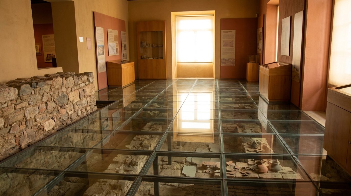 Glass and grid flooring over excavated ancient walls inside Rua do Sembrano